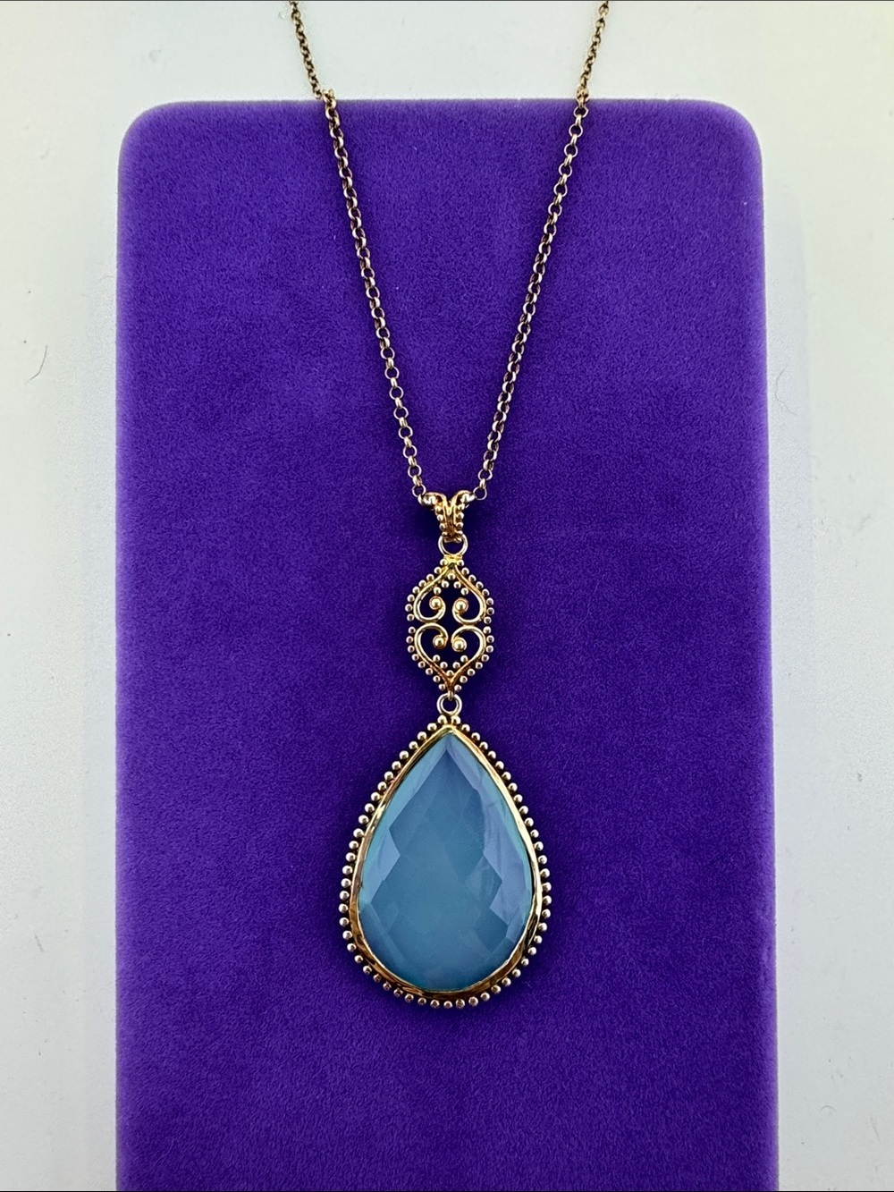 💛 Argento Vivo 18k Gold Vermeil Filigree Teardrop Chalcedony Necklace